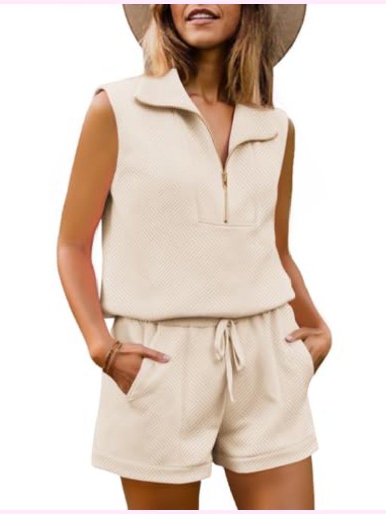 Sleeveless Half Zip Pullover & Drawstring Shorts 2 Piece Lounge Set